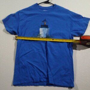 Women's Hand Made Hand Painted Light House T-Shirt, Blue/White/Green, Size S